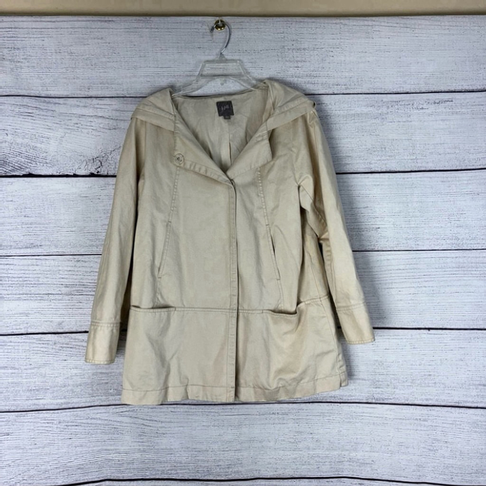 J Jill Women’s Hooded Hidden Button Cotton Linen Jacket Khaki Size M - Picture 2 of 5
